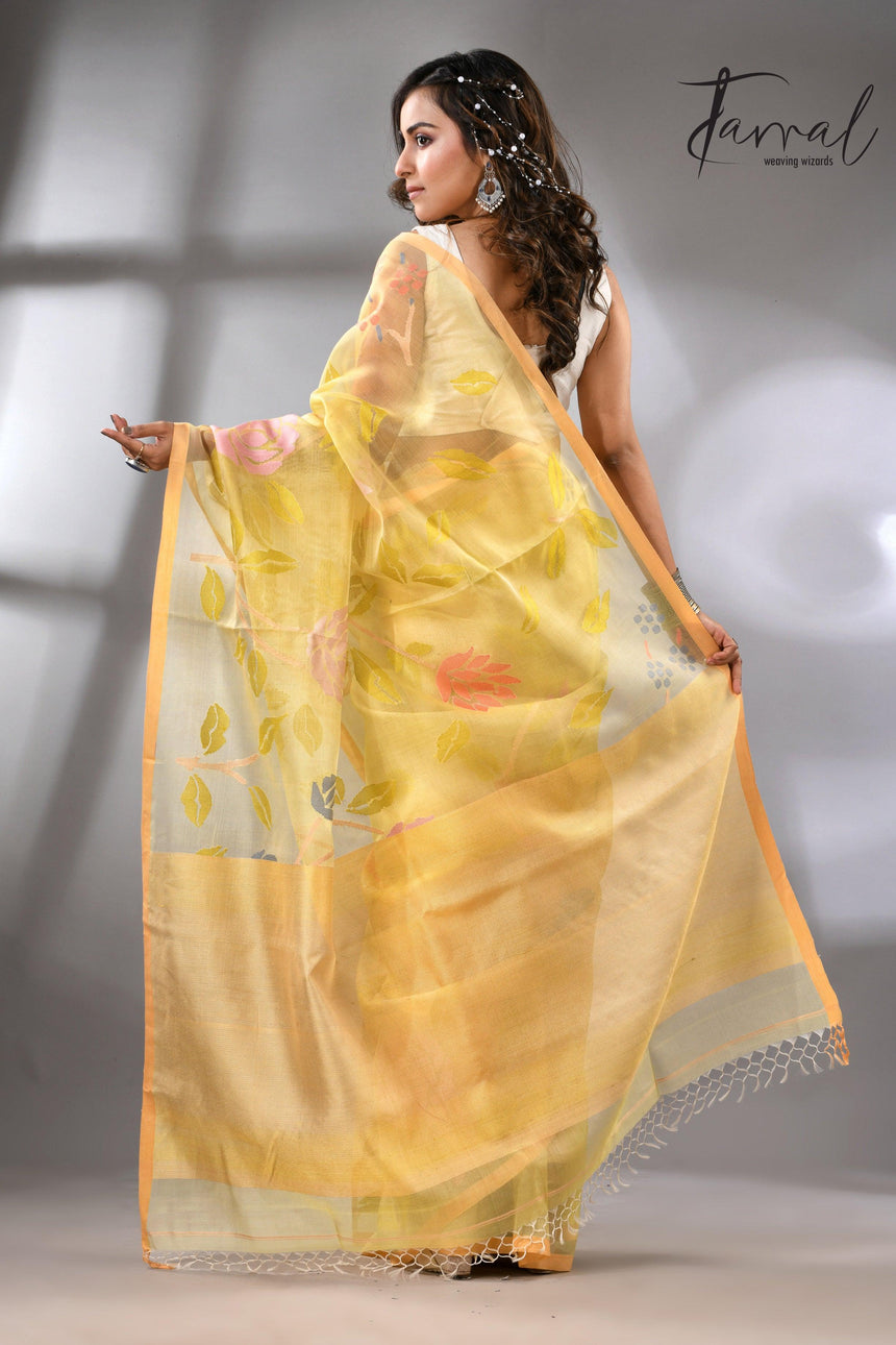Light yellow with multi colour allover floral handwoven jamdani saree - Tamal Boutique