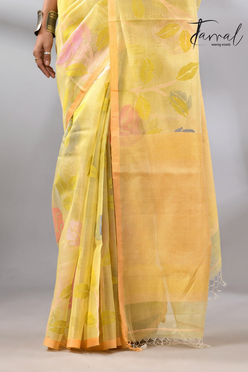 Light yellow with multi colour allover floral handwoven jamdani saree - Tamal Boutique