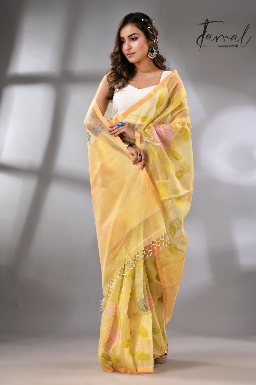 Light yellow with multi colour allover floral handwoven jamdani saree - Tamal Boutique