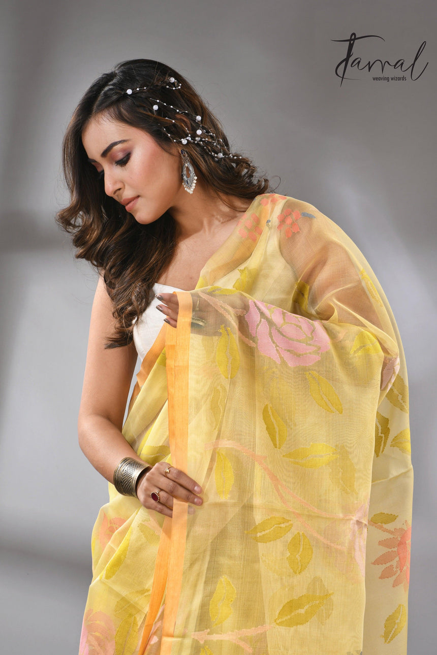 Light yellow with multi colour allover floral handwoven jamdani saree - Tamal Boutique