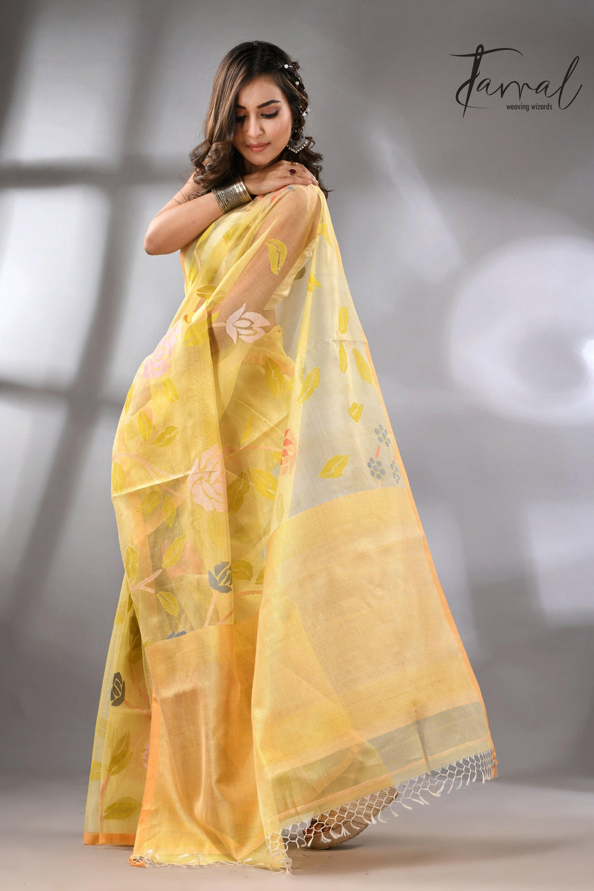 Light yellow with multi colour allover floral handwoven jamdani saree - Tamal Boutique