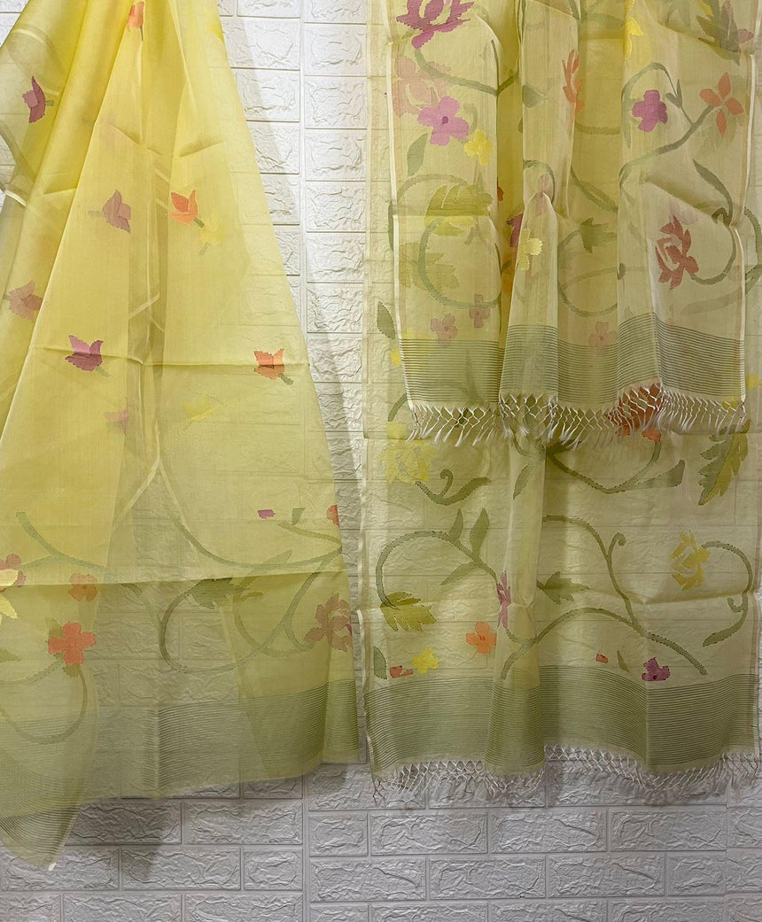 Light yellow with multi colour allover floral muslin silk kurta & dupatta set - Tamal Boutique