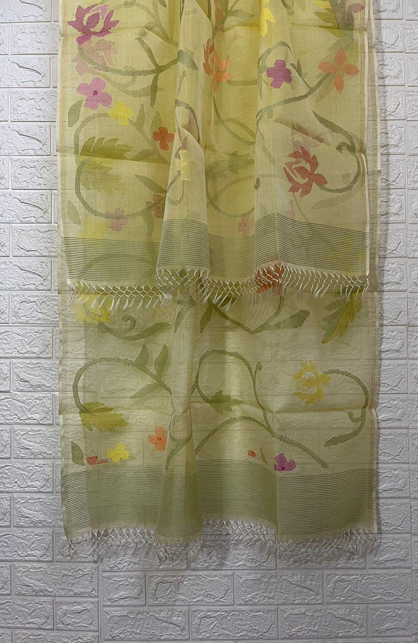 Light yellow with multi colour allover floral muslin silk kurta & dupatta set - Tamal Boutique
