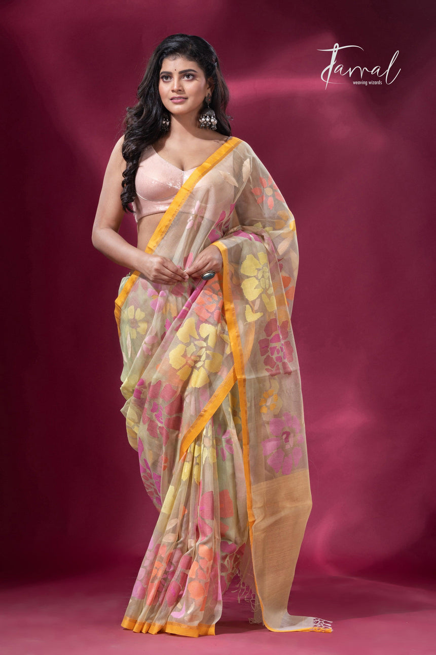 Light yellowish allover floral motifs handwoven jamdani saree