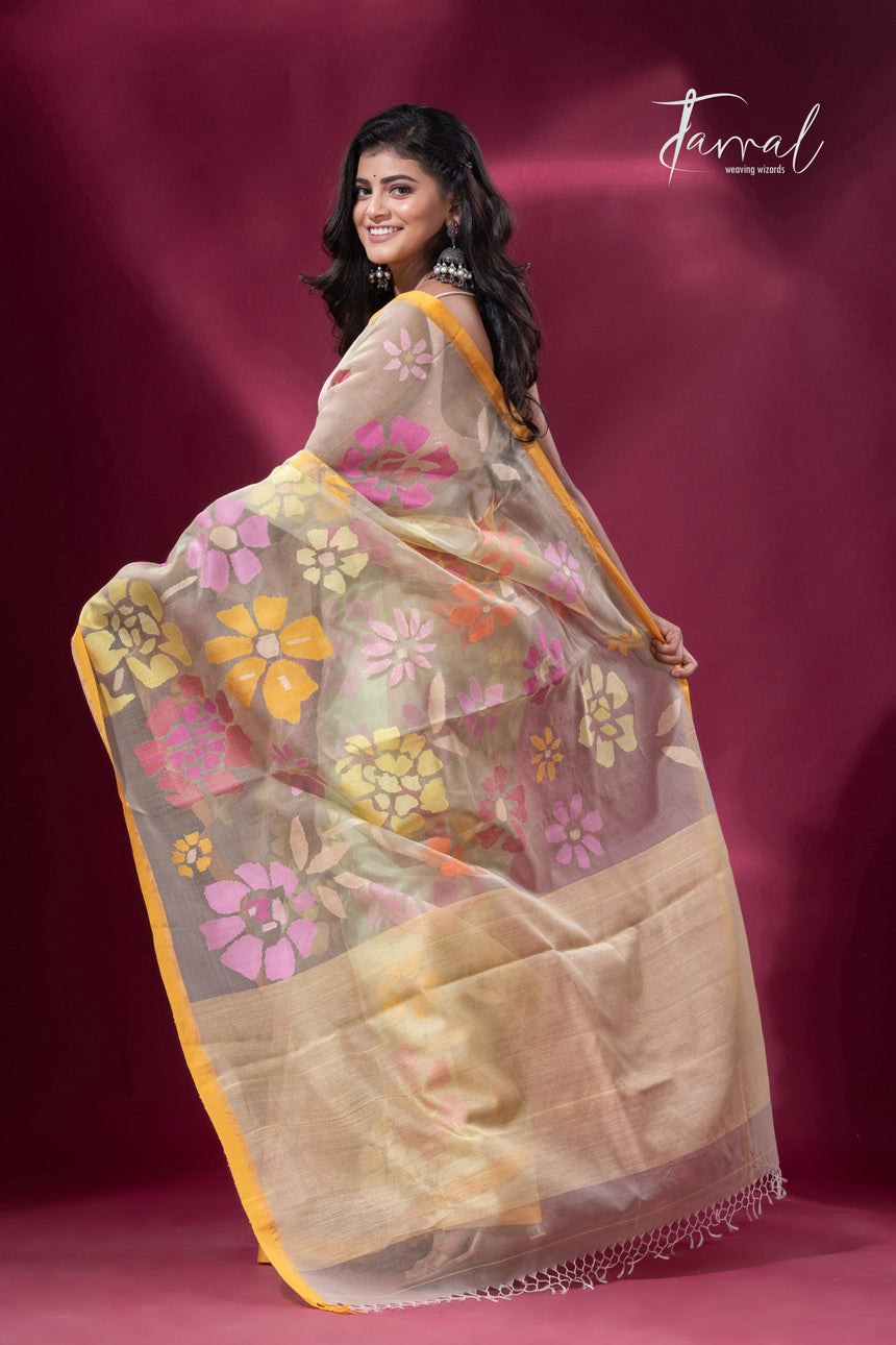 Light yellowish allover floral motifs handwoven jamdani saree back