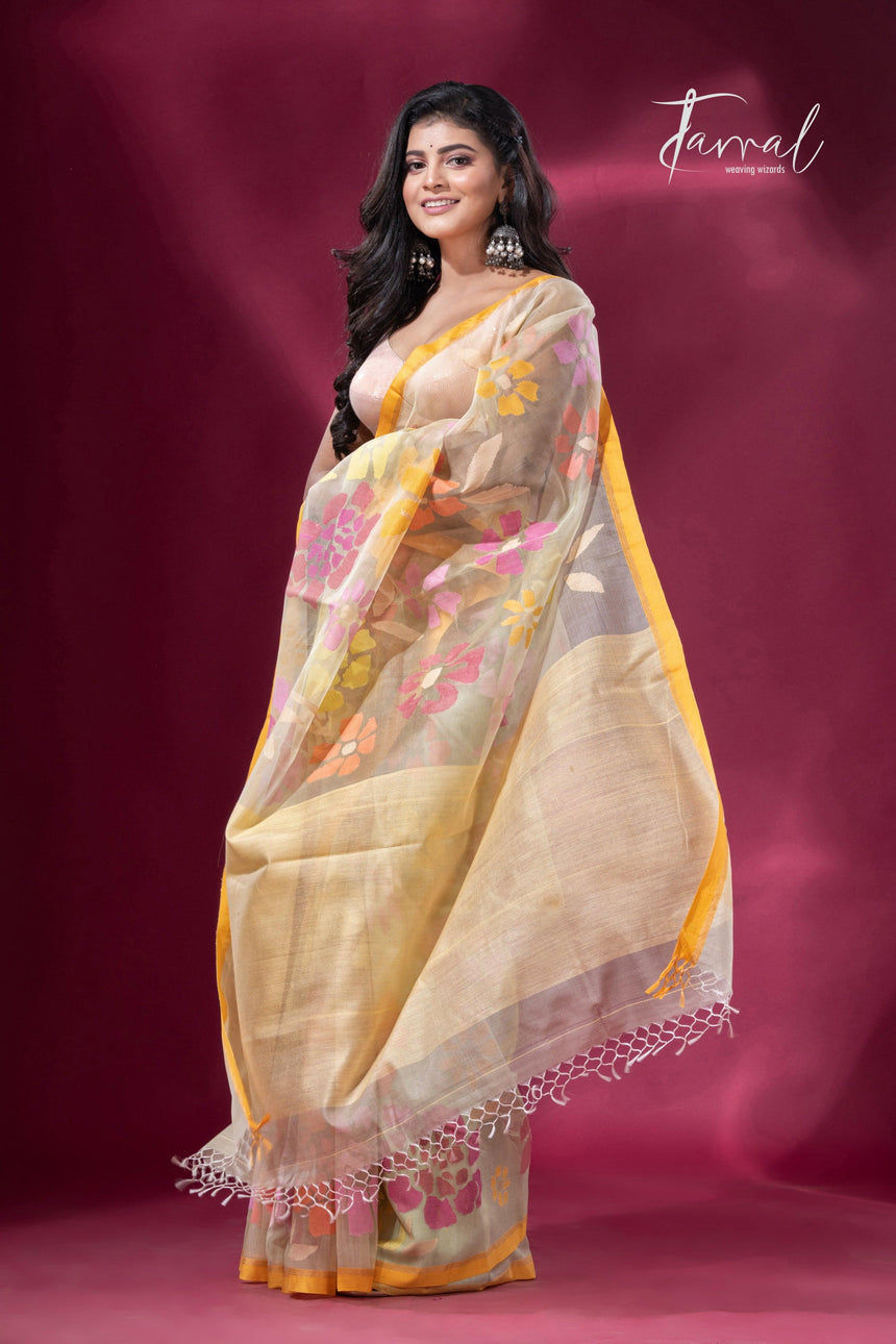 Light yellowish allover floral motifs handwoven jamdani saree left