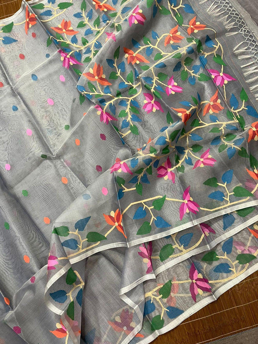 Light ash with multicolour muslin silk handwoven jamdani saree with blouse piece - Tamal Boutique