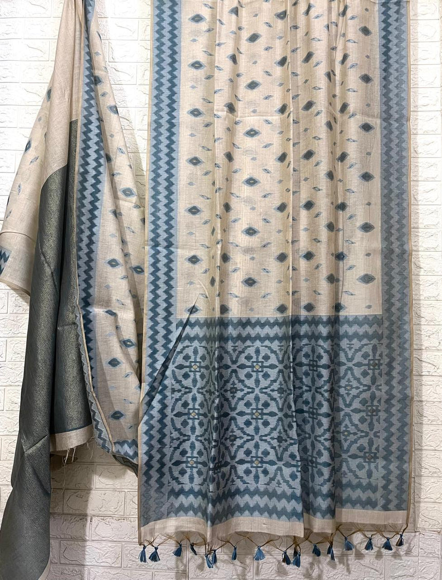Light beige with blue & sky blue silk cotton katki handloom saree - Tamal Boutique
