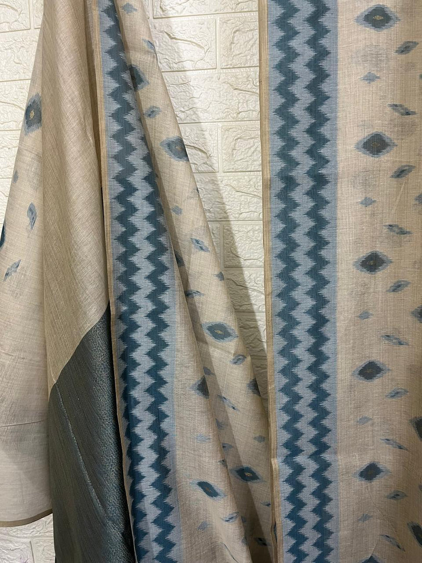 Light beige with blue & sky blue silk cotton katki handloom saree - Tamal Boutique