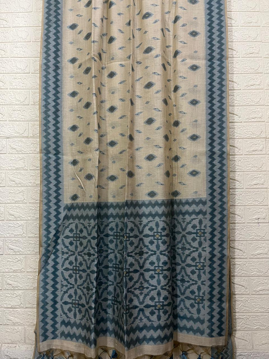 Light beige with blue & sky blue silk cotton katki handloom saree - Tamal Boutique