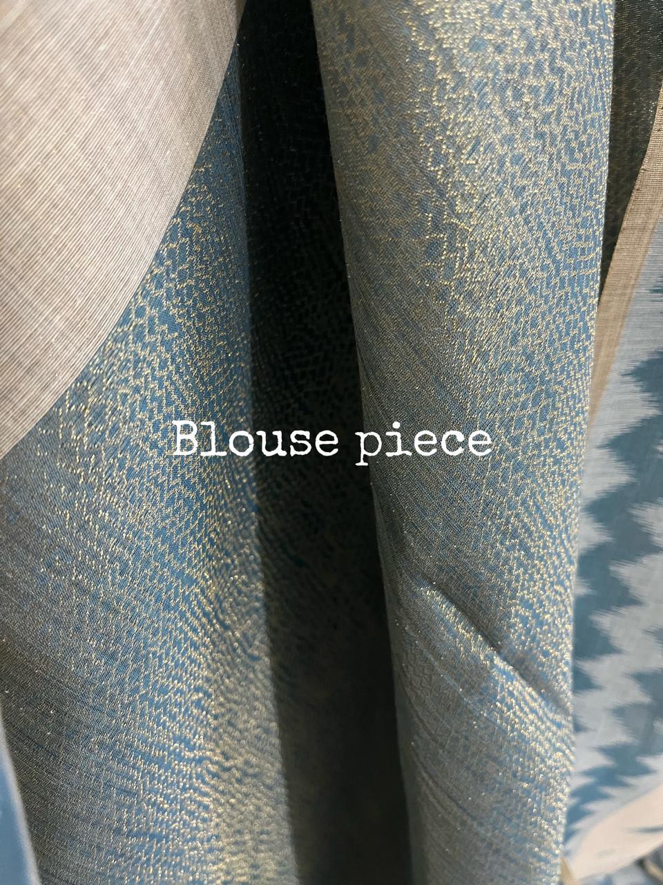 Light beige with blue & sky blue silk cotton katki handloom saree - Tamal Boutique