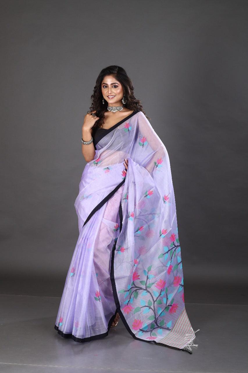 Light lavender with black border and multi colour floral handwoven jamadani saree - Tamal Boutique