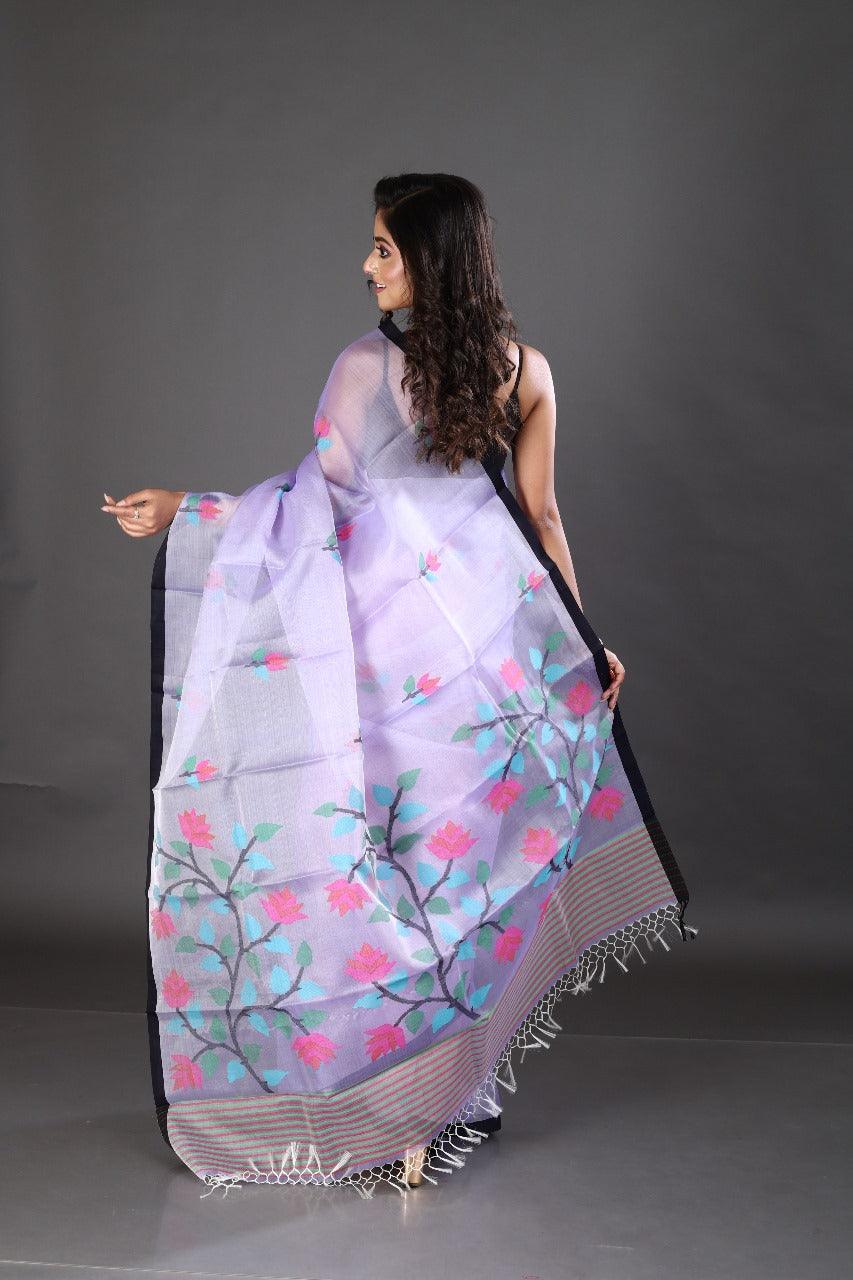 Light lavender with black border and multi colour floral handwoven jamadani saree - Tamal Boutique