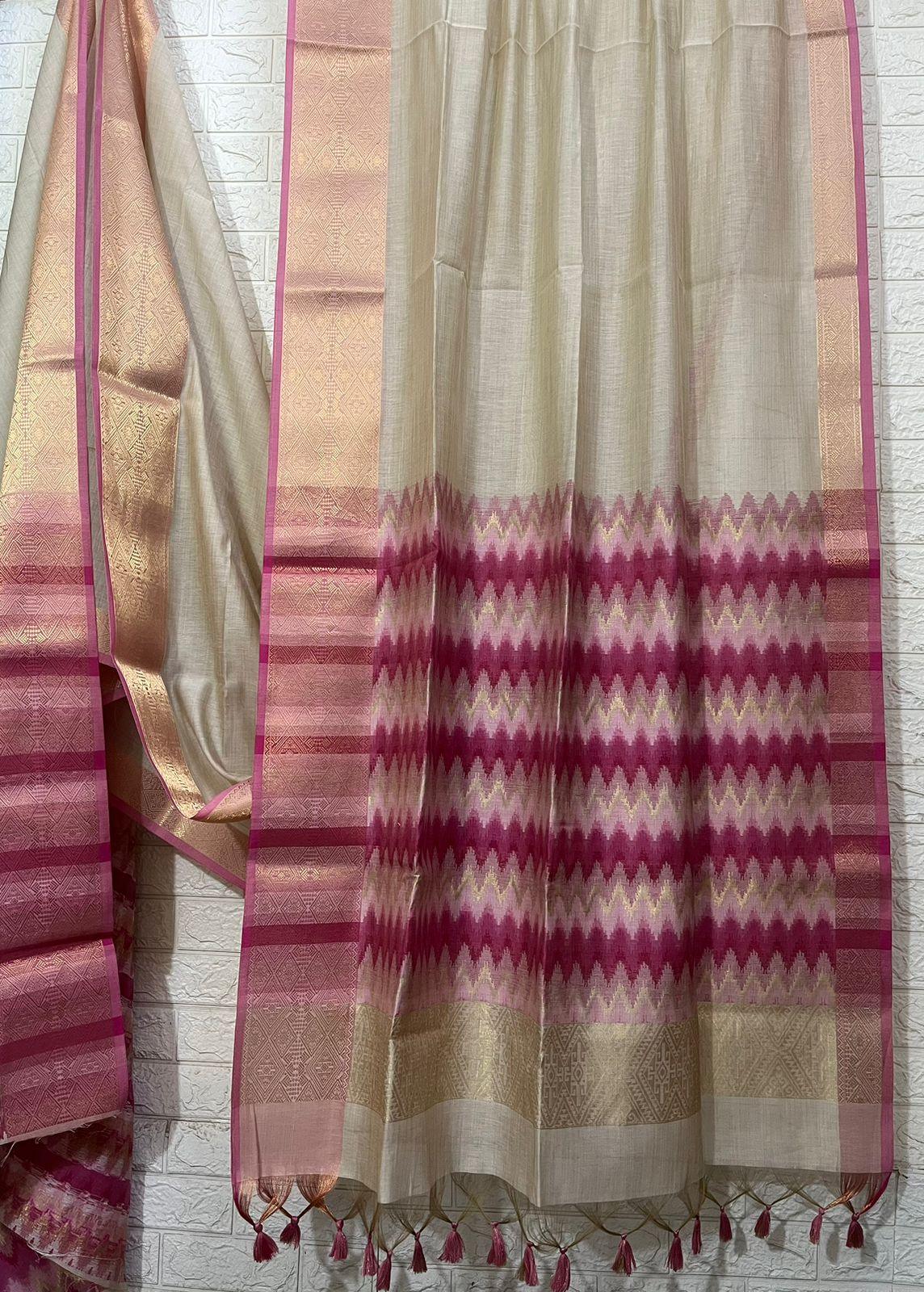 Light muga colour with zari border temple pallu silk cotton handloom saree - Tamal Boutique