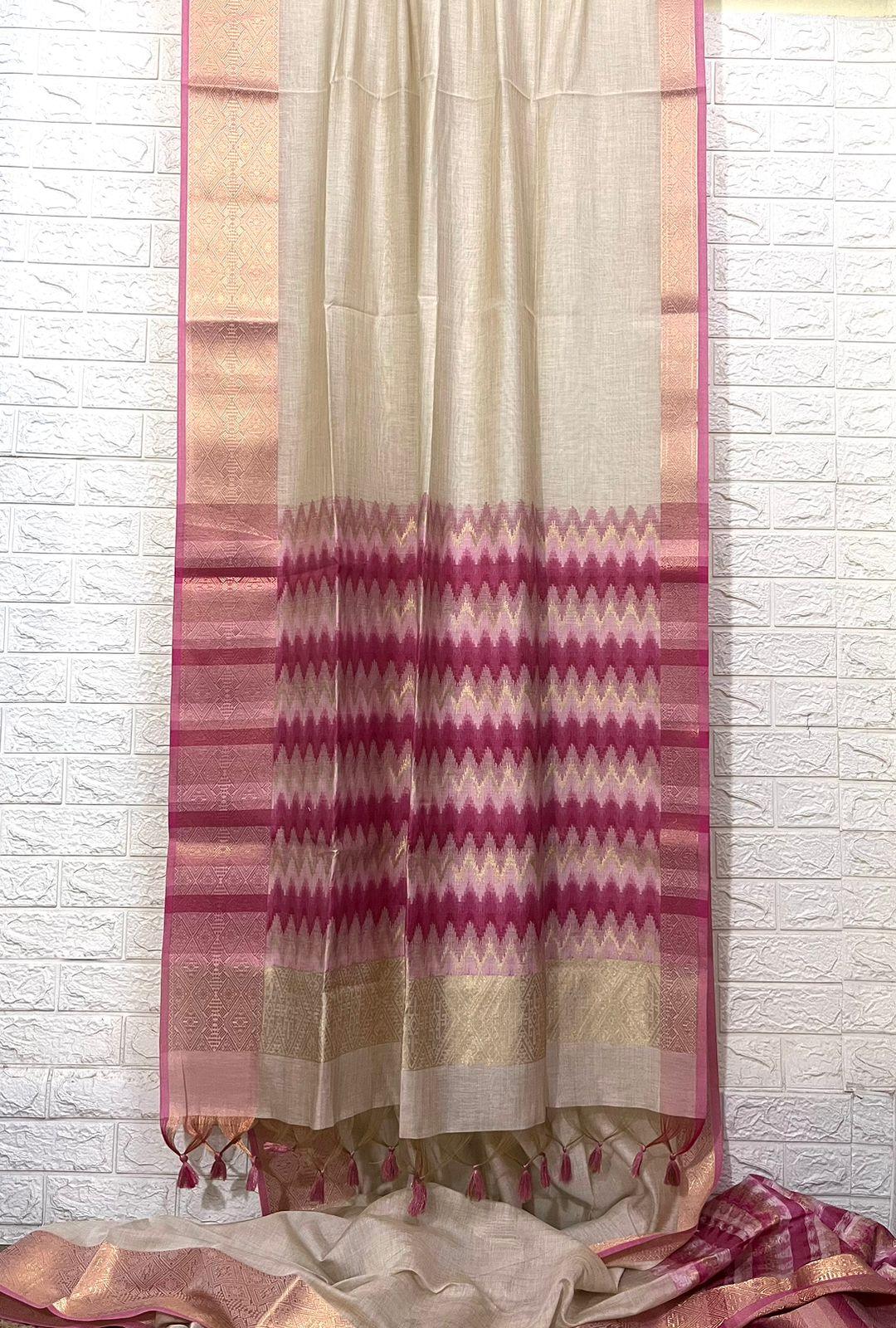 Light muga colour with zari border temple pallu silk cotton handloom saree - Tamal Boutique