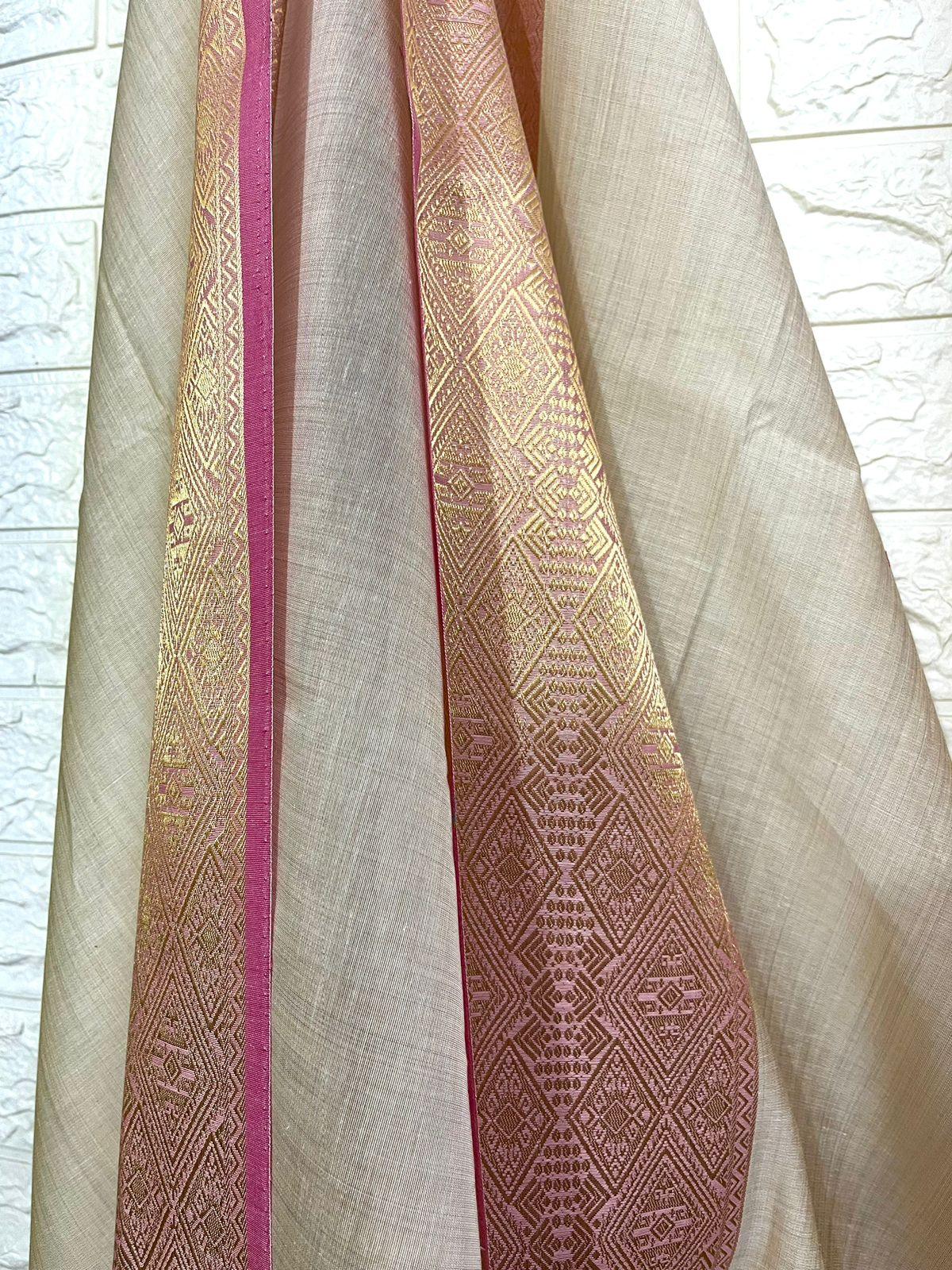 Light muga colour with zari border temple pallu silk cotton handloom saree - Tamal Boutique