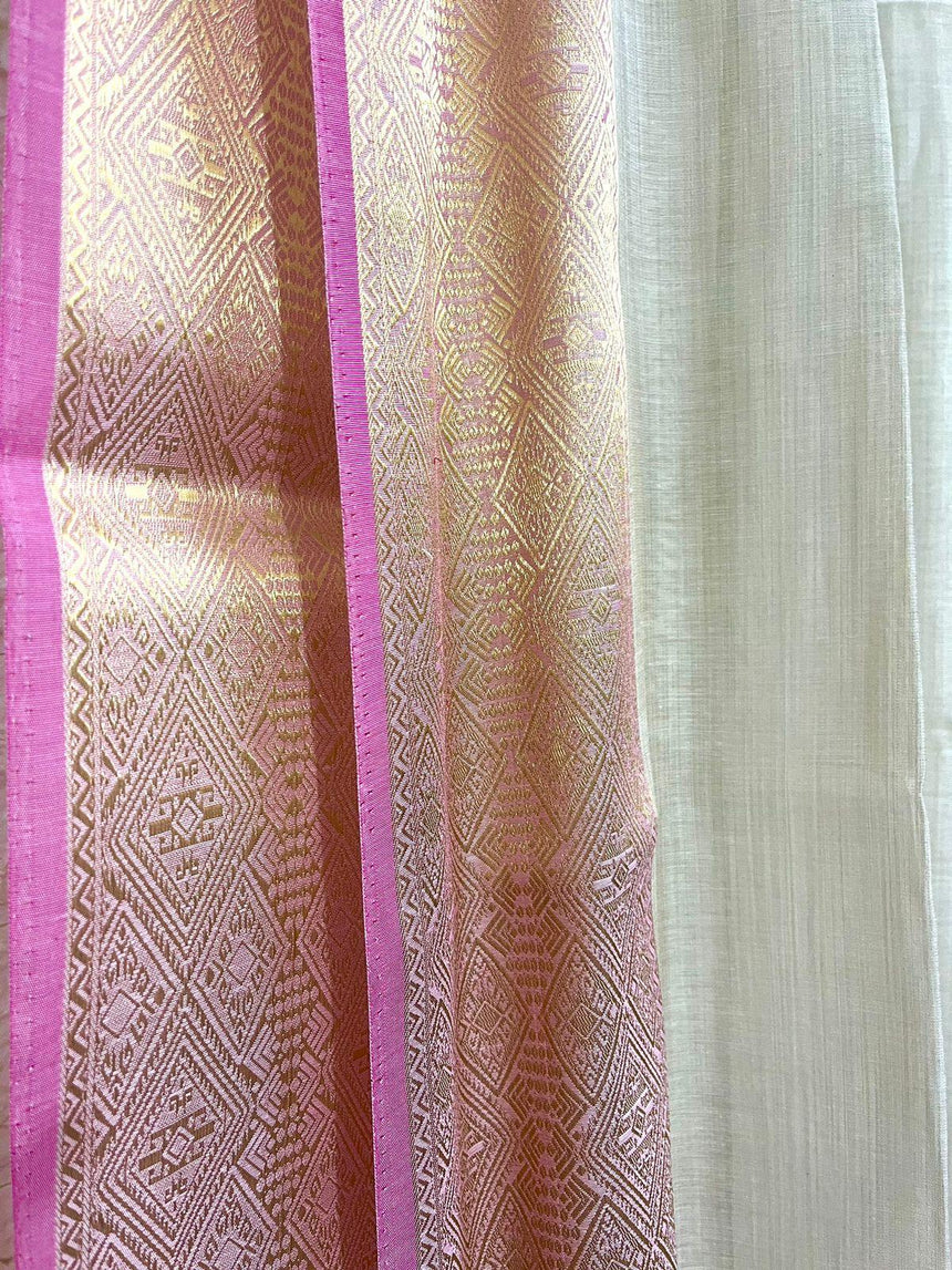 Light muga colour with zari border temple pallu silk cotton handloom saree - Tamal Boutique