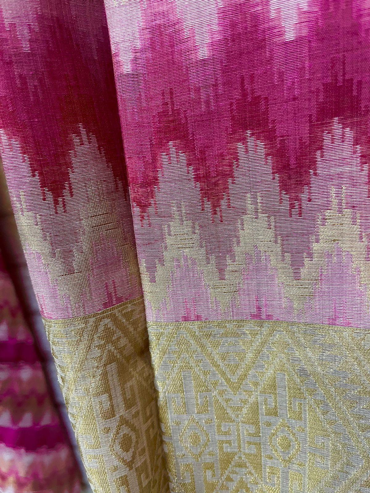 Light muga colour with zari border temple pallu silk cotton handloom saree - Tamal Boutique