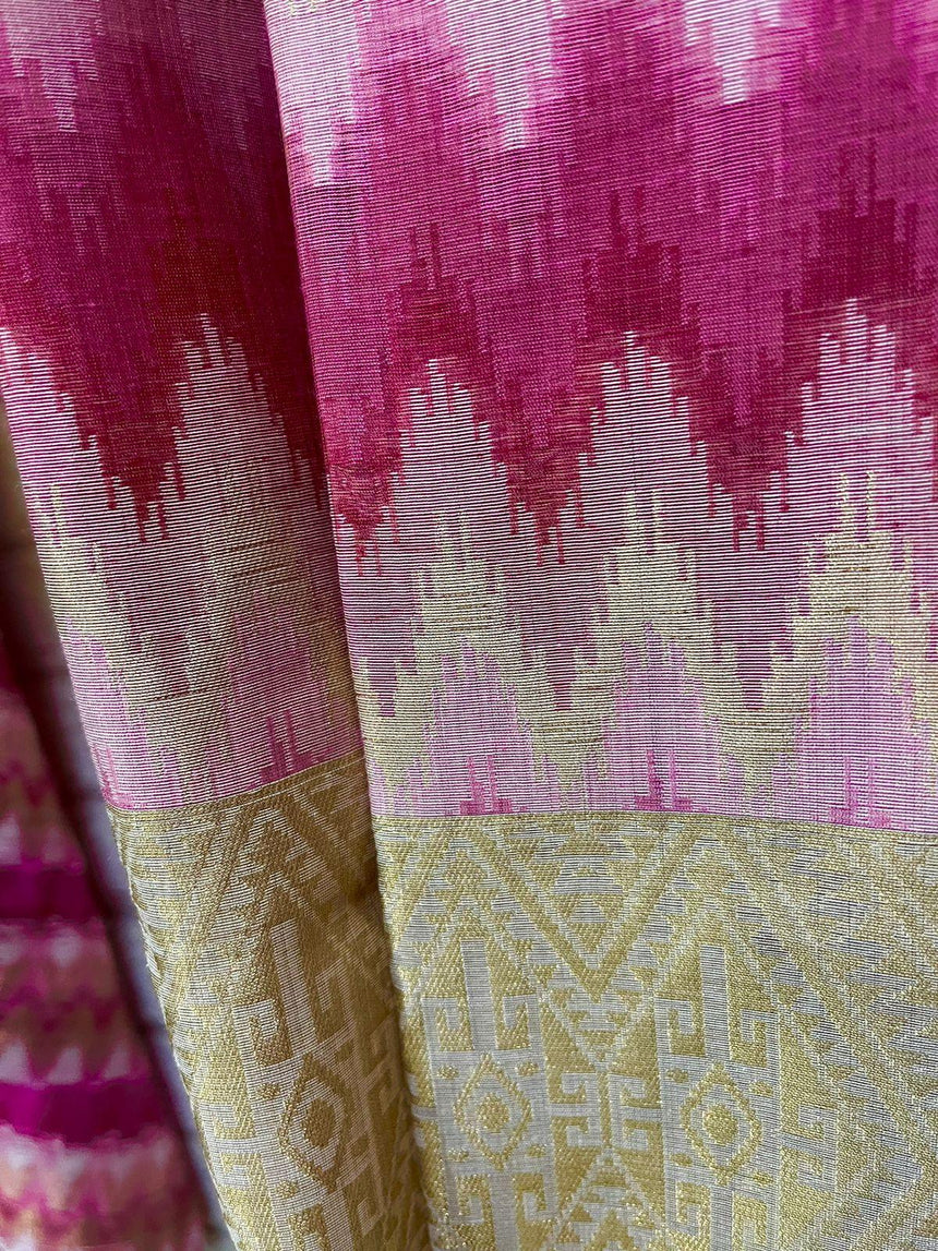 Light muga colour with zari border temple pallu silk cotton handloom saree - Tamal Boutique