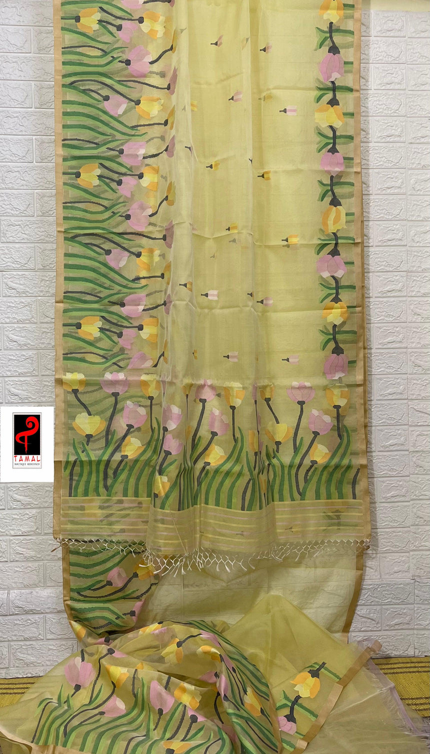 Light yellow with multi colour tulip handwoven muslin silk jamdani saree - Tamal Boutique