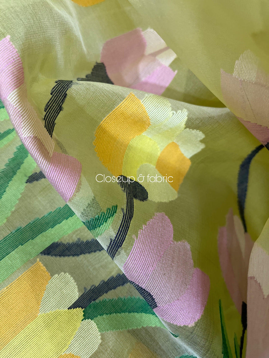 Light yellow with multi colour tulip handwoven muslin silk jamdani saree - Tamal Boutique