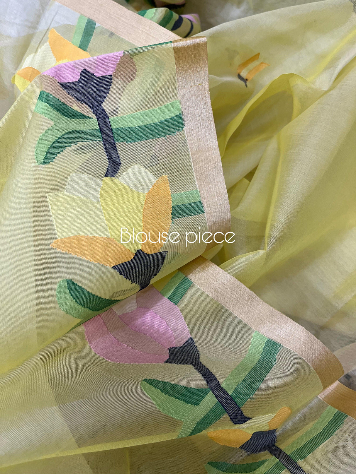 Light yellow with multi colour tulip handwoven muslin silk jamdani saree - Tamal Boutique