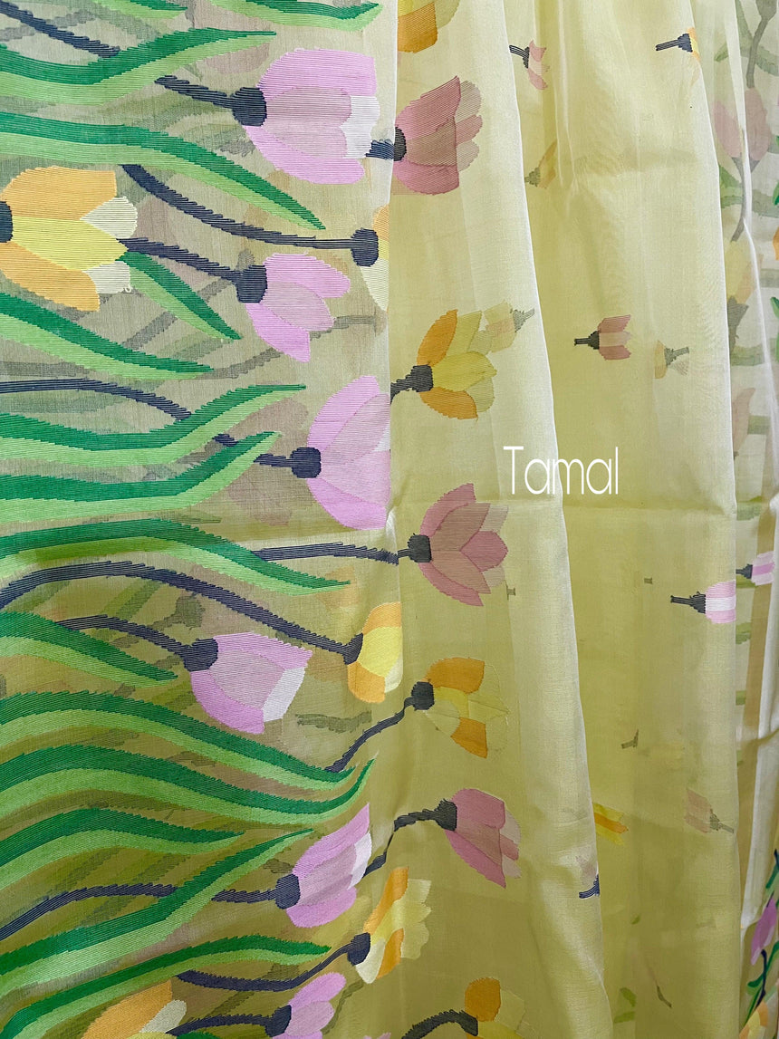 Light yellow with multi colour tulip handwoven muslin silk jamdani saree - Tamal Boutique