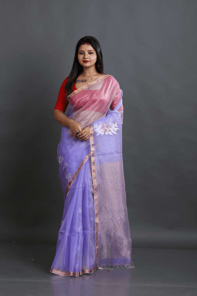 Lilac Organza silk Stripe With Floral buta handwoven jamdani saree - Tamal Boutique