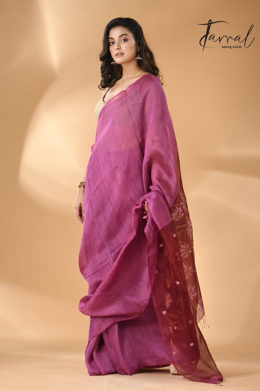 Linen Handwoven Jamdani Saree With Magenta Thoka Silk Saree