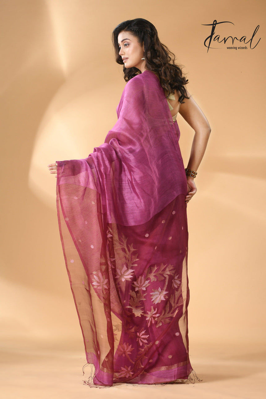 Linen Handwoven Jamdani Saree With Magenta Thoka Silk Saree back