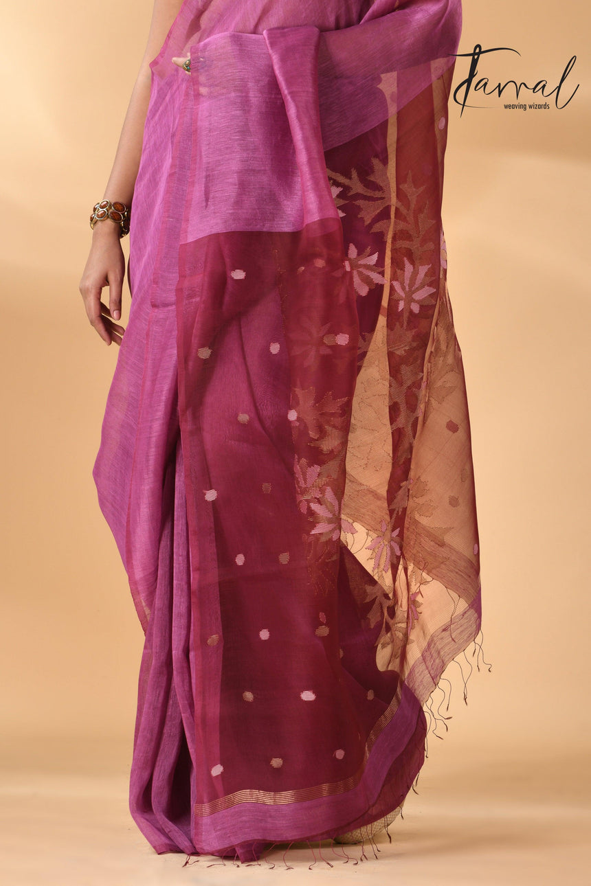 Linen Handwoven Jamdani Saree With Magenta Thoka Silk Saree bottom
