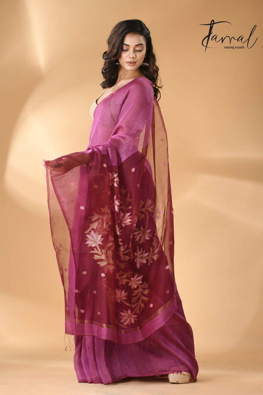 Linen Handwoven Jamdani Saree With Magenta Thoka Silk Saree right