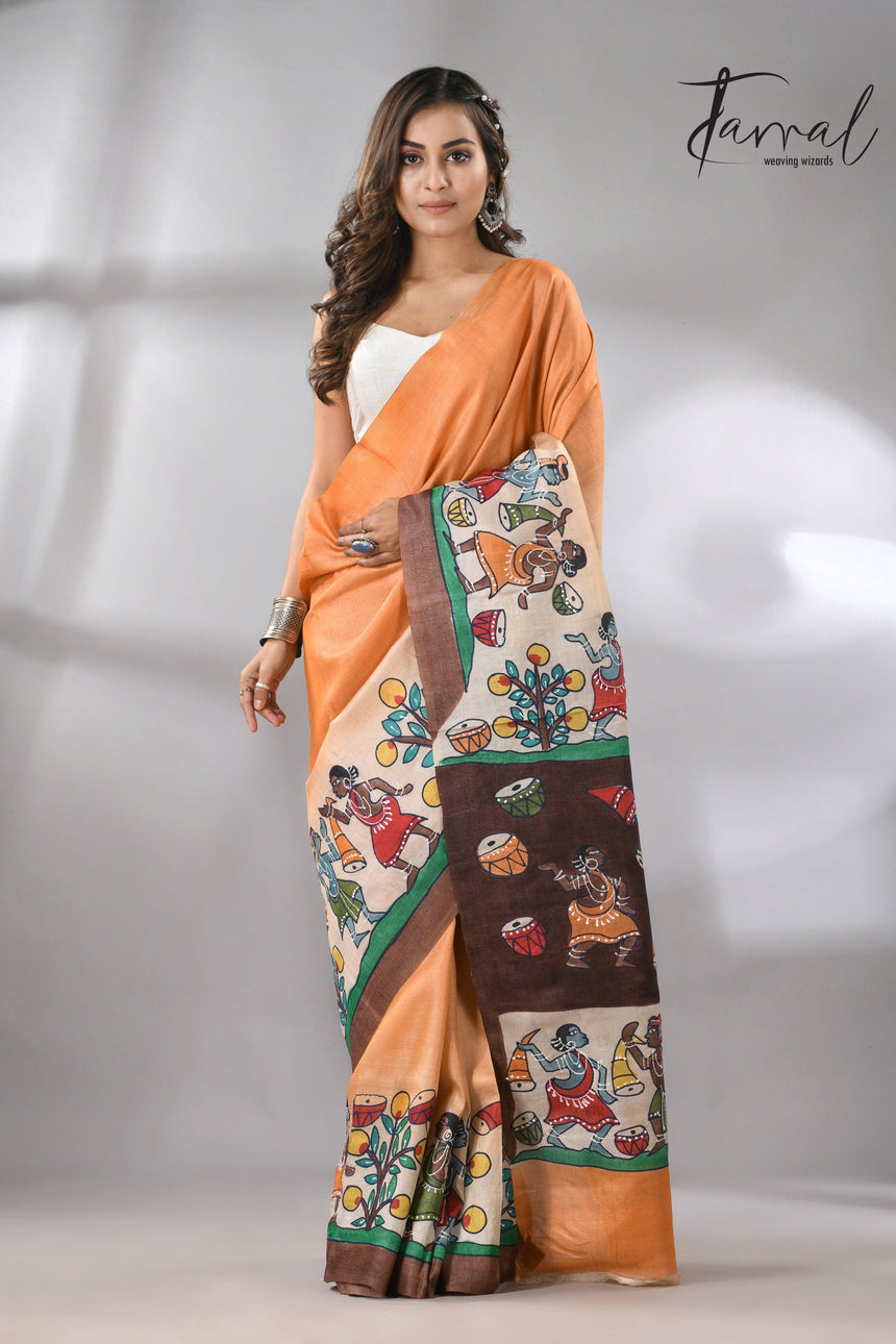 Madhubani Hand-Painted Saree in saffron and brown tussar silk design
