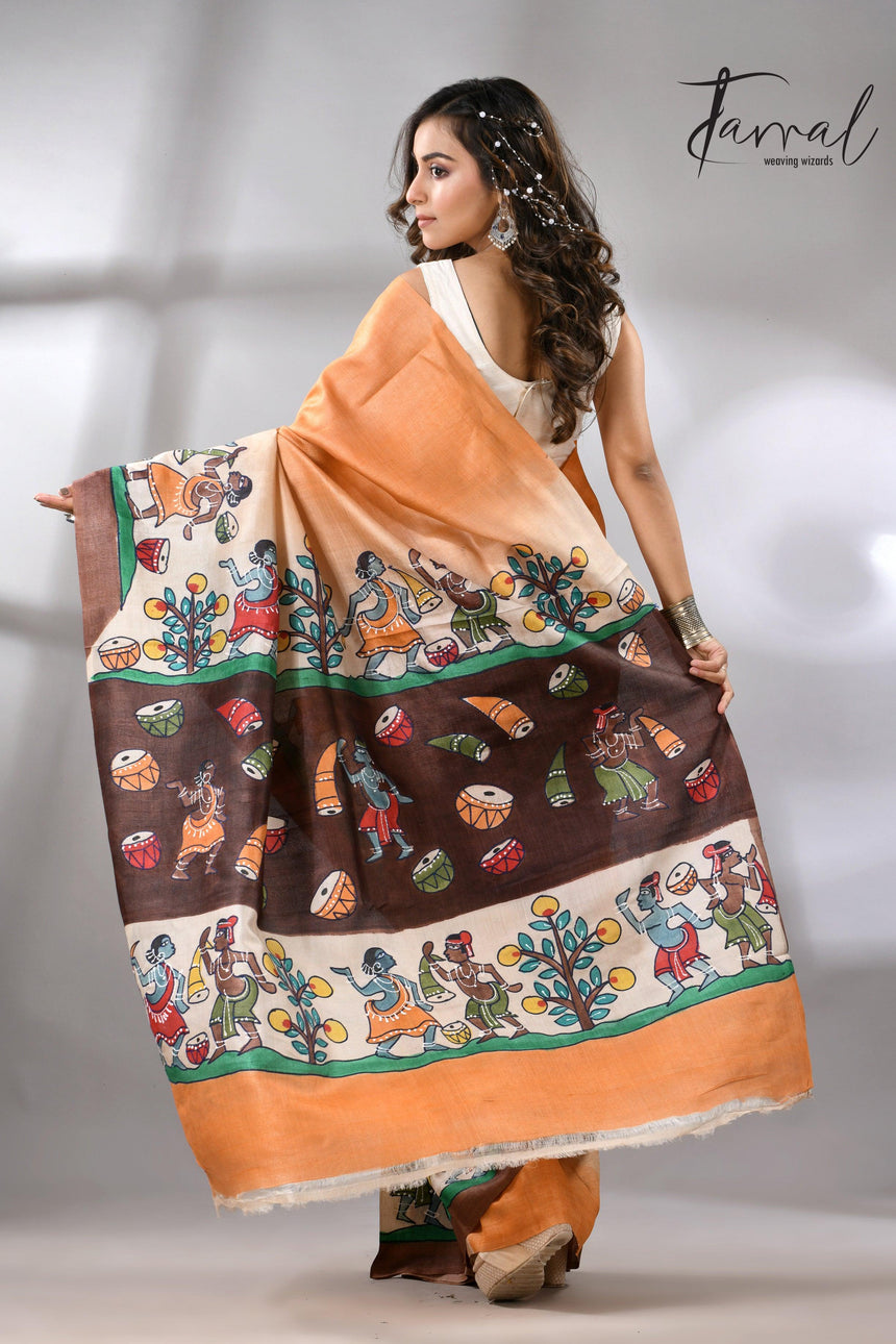 Madhubani Hand-Painted Saree in saffron and brown tussar silk design back