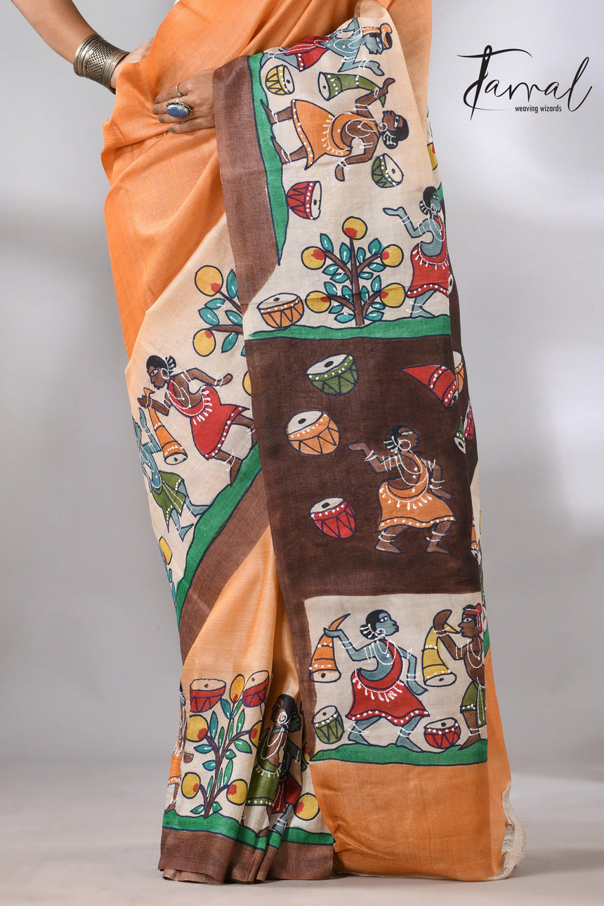Madhubani Hand-Painted Saree in saffron and brown tussar silk design bottom