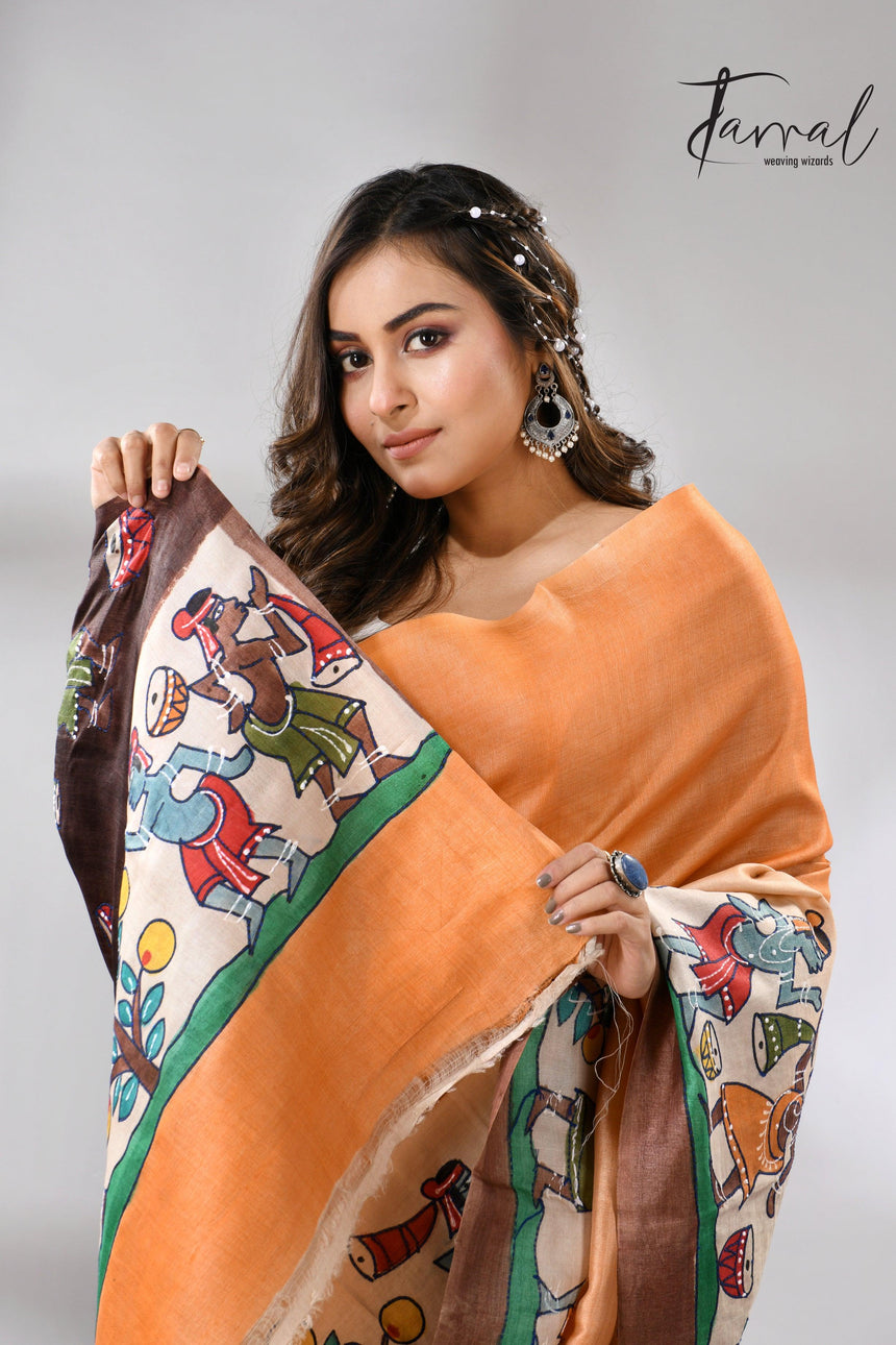Madhubani Hand-Painted Saree in saffron and brown tussar silk design cls