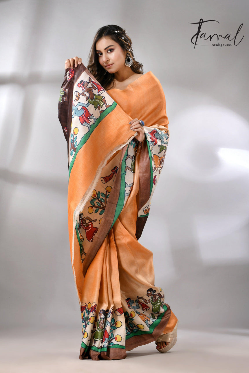 Madhubani Hand-Painted Saree in saffron and brown tussar silk design left2