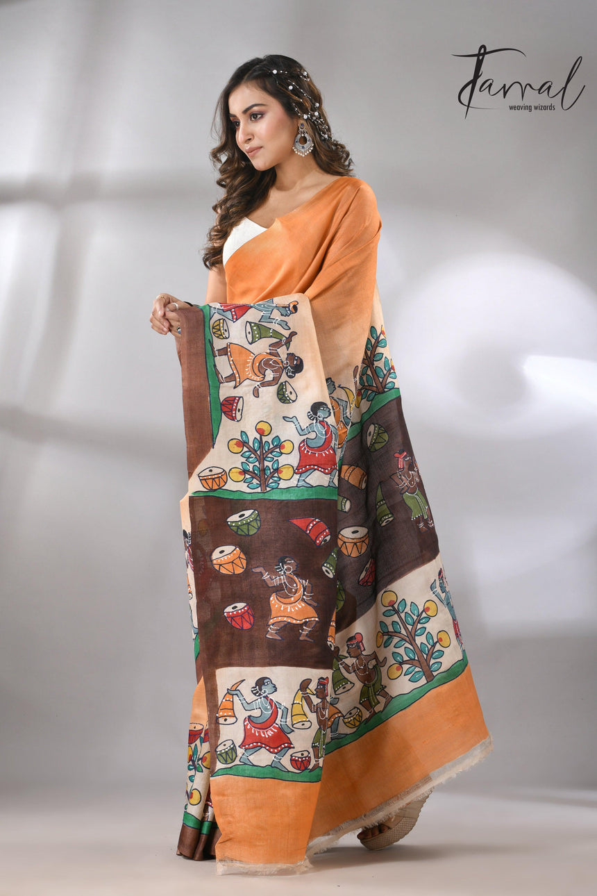 Madhubani Hand-Painted Saree in saffron and brown tussar silk design right