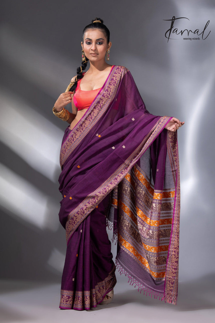 Magenta colour baluchari design pure cotton handloom saree