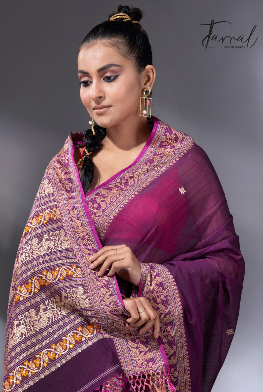 Magenta colour baluchari design pure cotton handloom saree