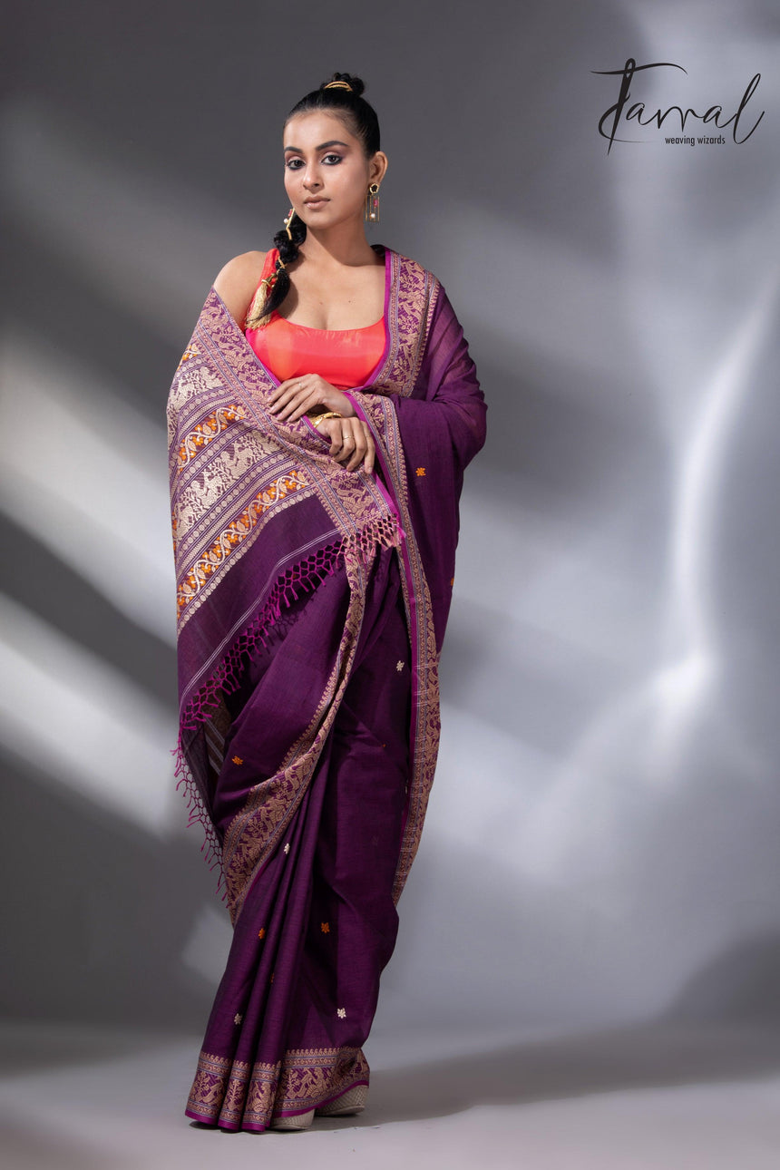 Magenta colour baluchari design pure cotton handloom saree