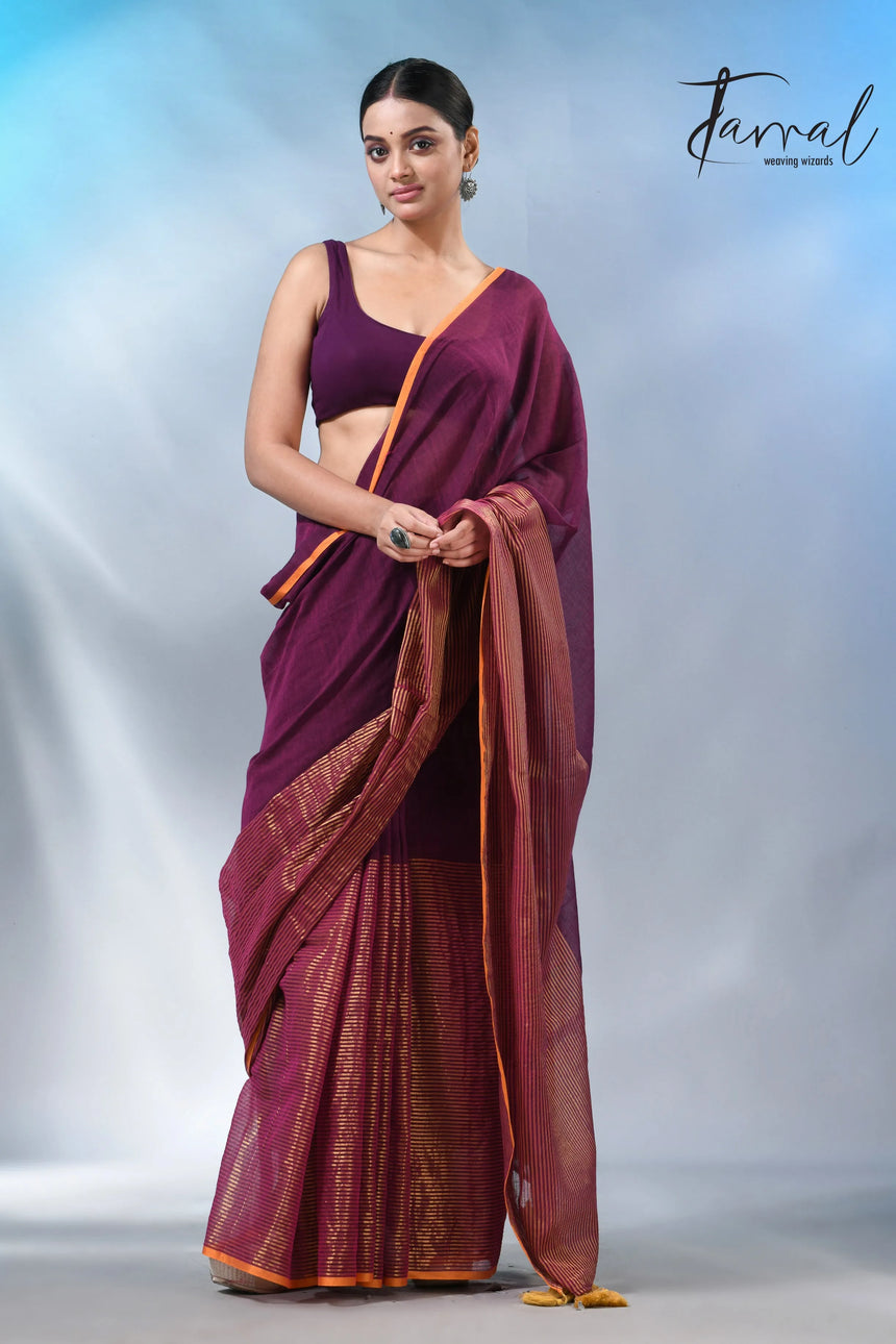 Magenta with yellow border cheack mul cotton handloom sarees