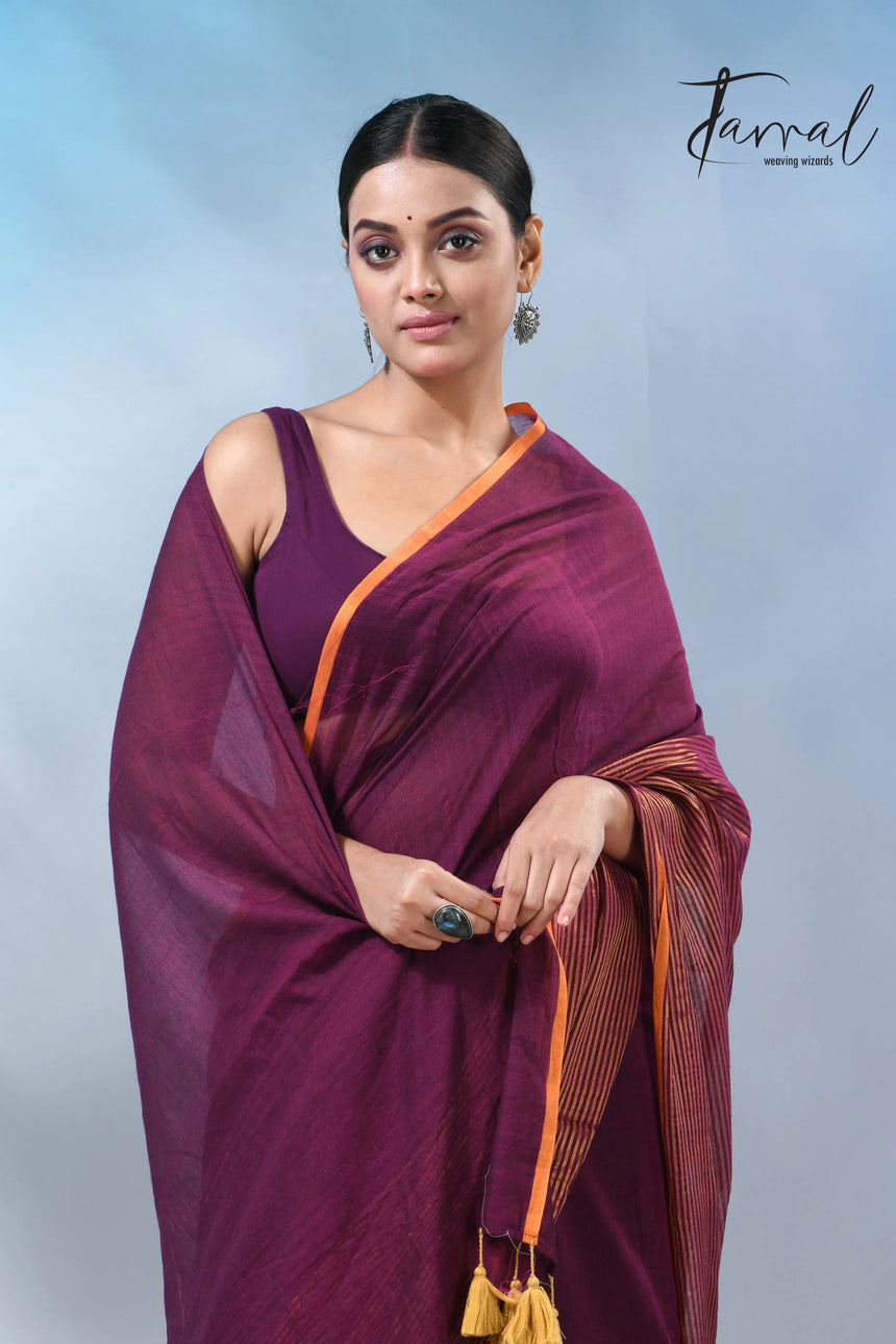 Magenta with yellow border cheack mul cotton handloom saree