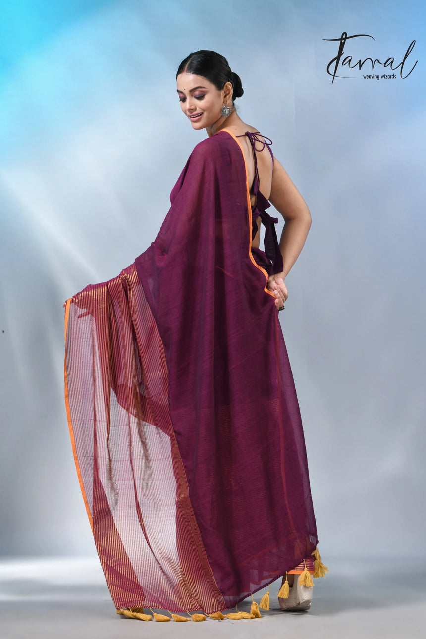 Magenta with yellow border cheack mul cotton handloom saree
