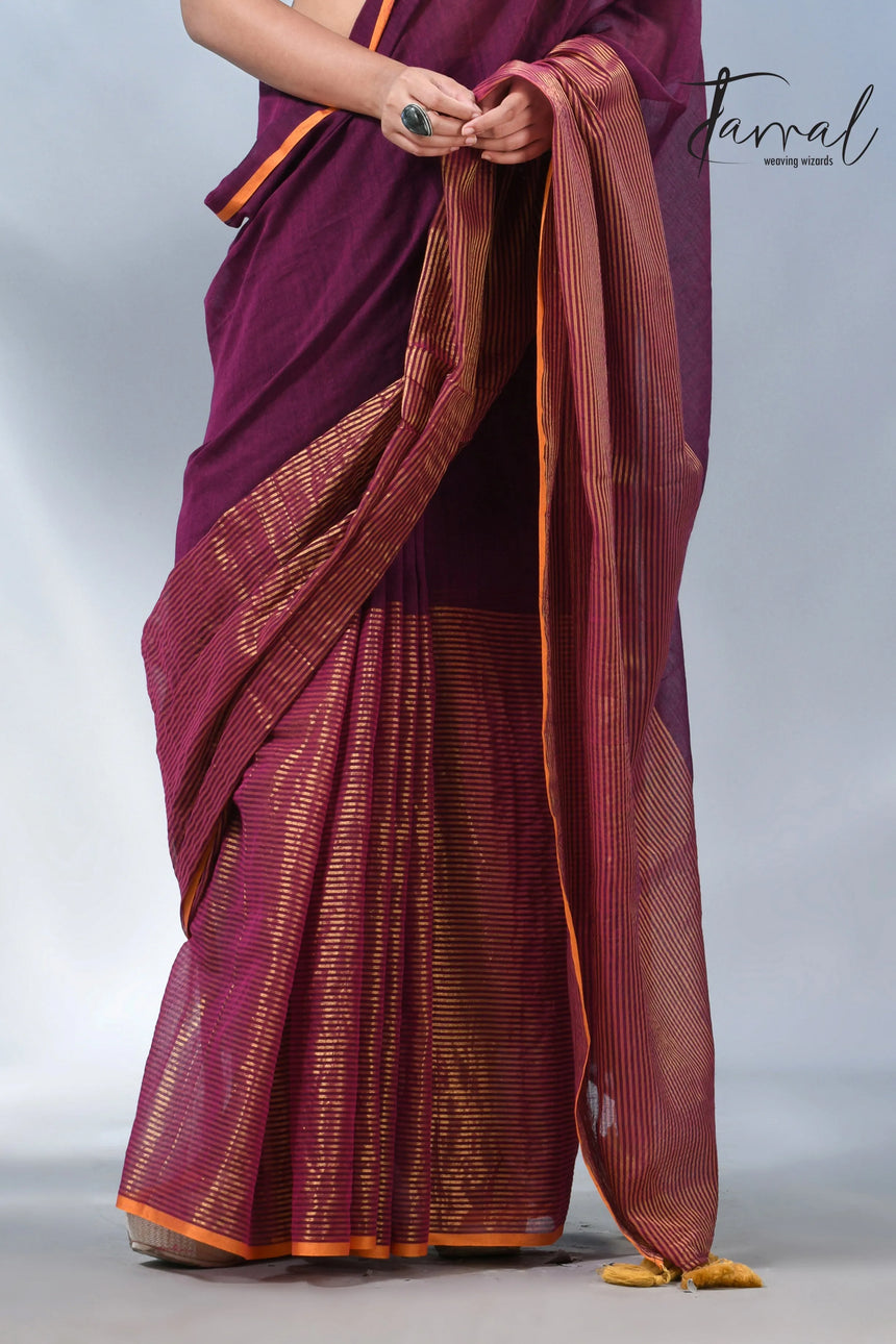 Magenta with yellow border cheack mul cotton handloom saree