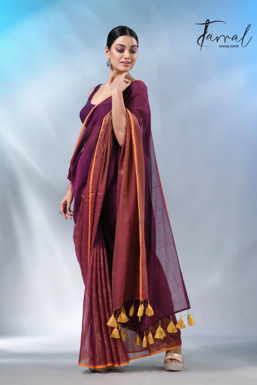 Magenta with yellow border cheack mul cotton handloom saree