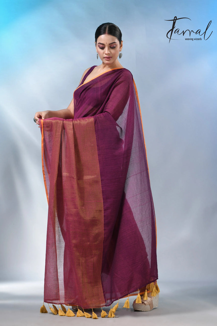 Magenta with yellow border cheack mul cotton handloom sarees