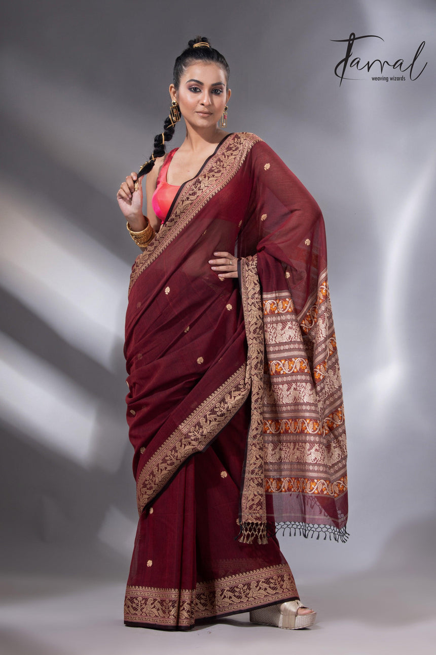 Maroon Colour baluchari Handwoven Jamdani saree - Tamal Boutique