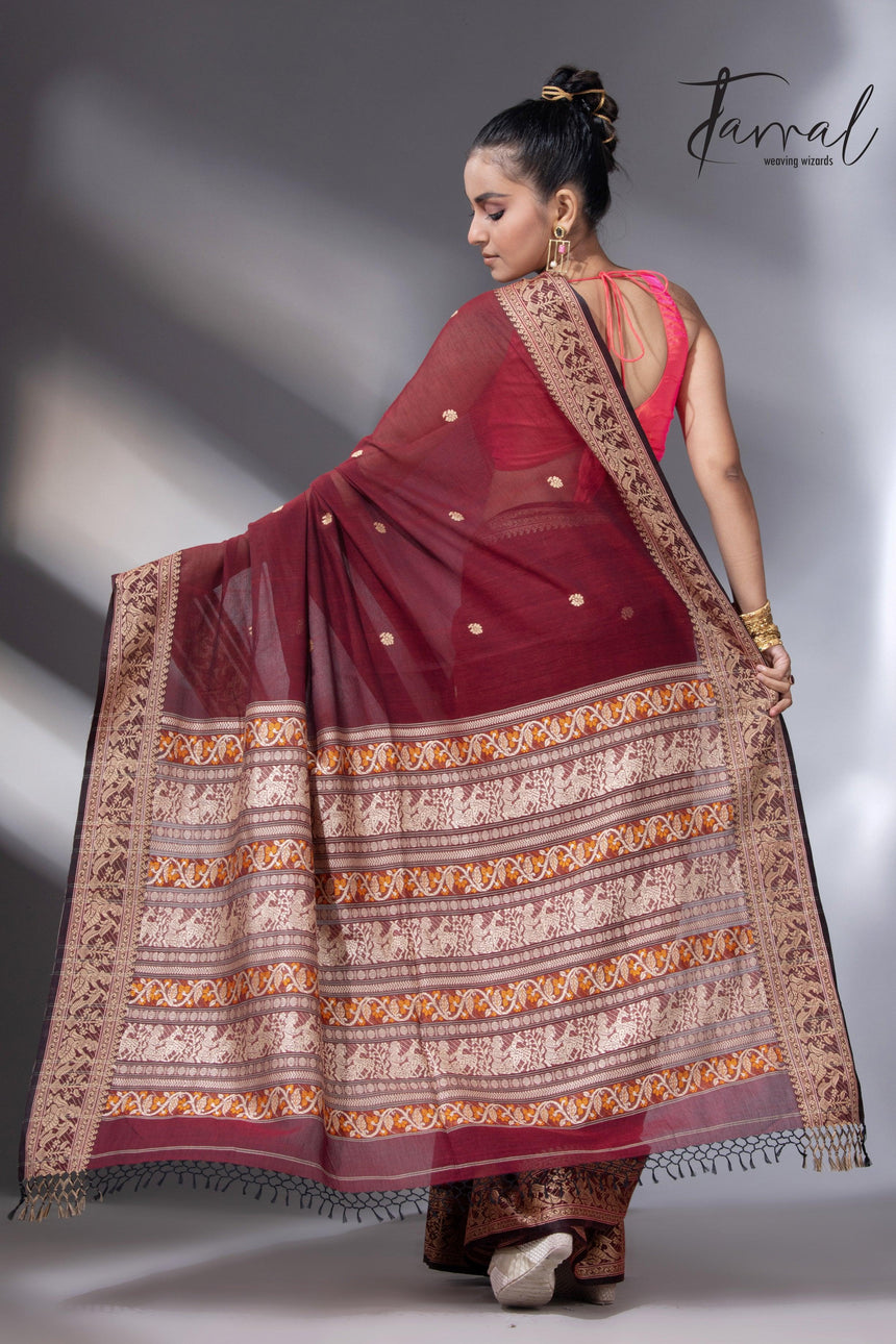 Maroon Colour baluchari Handwoven Jamdani saree - Tamal Boutique