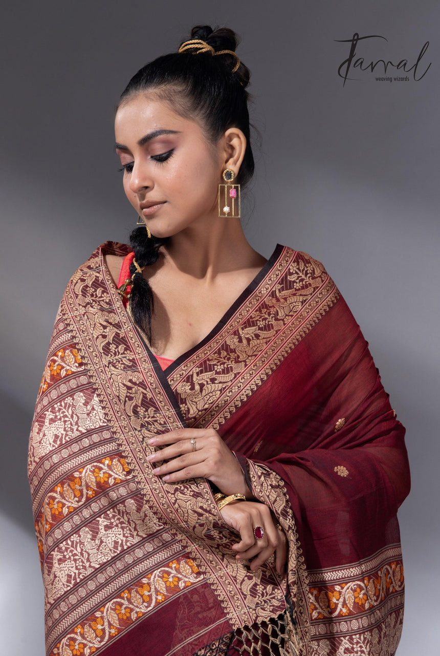 Maroon Colour baluchari Handwoven Jamdani saree - Tamal Boutique